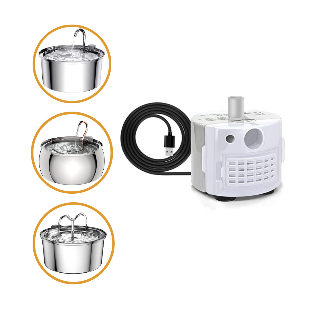 Pet water fountain pump with USB cable and three nozzle designs.